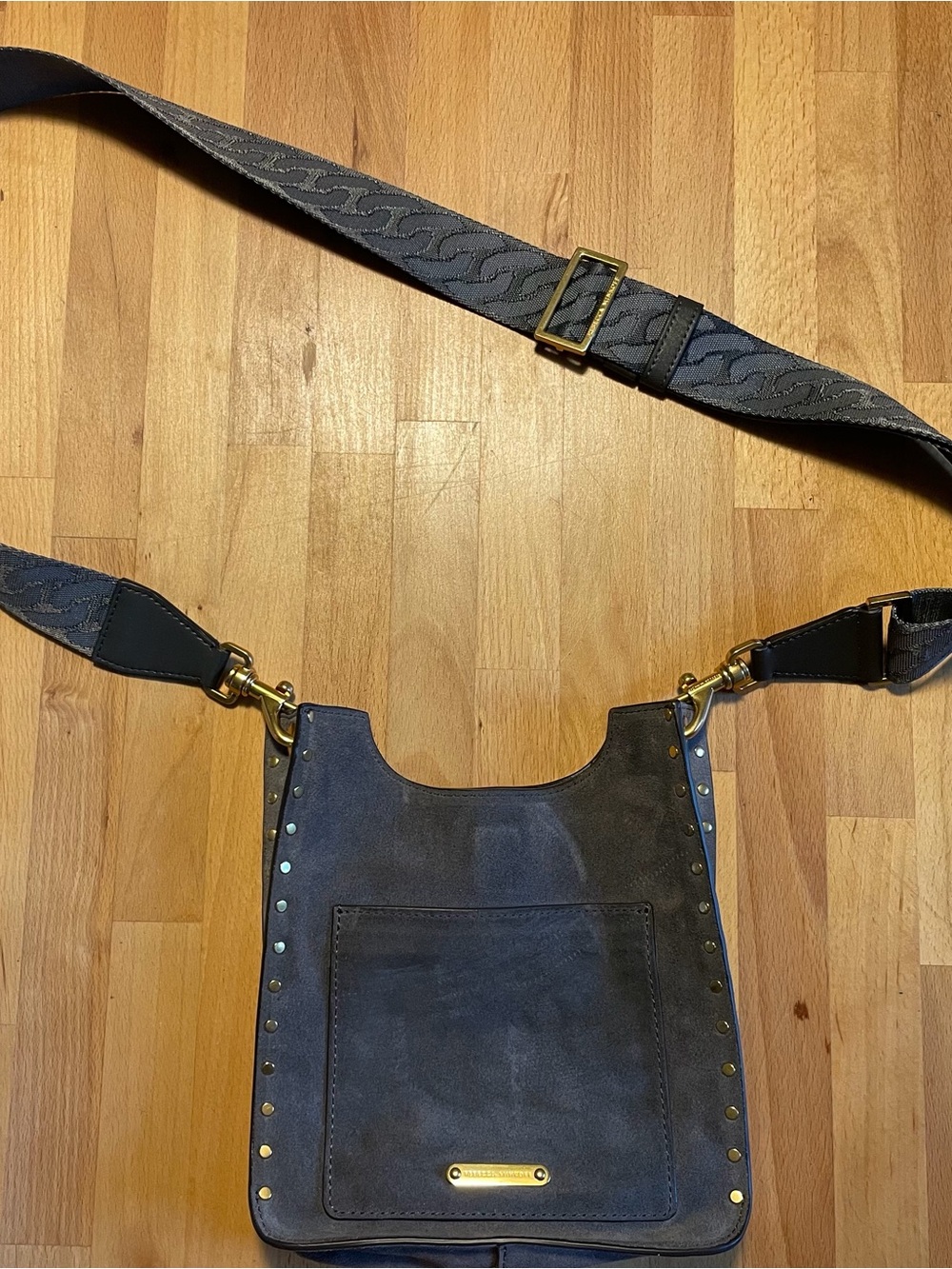 Rebecca Minkoff Black Suede Studded Crossbody Shoulder Bag with Wide Strap